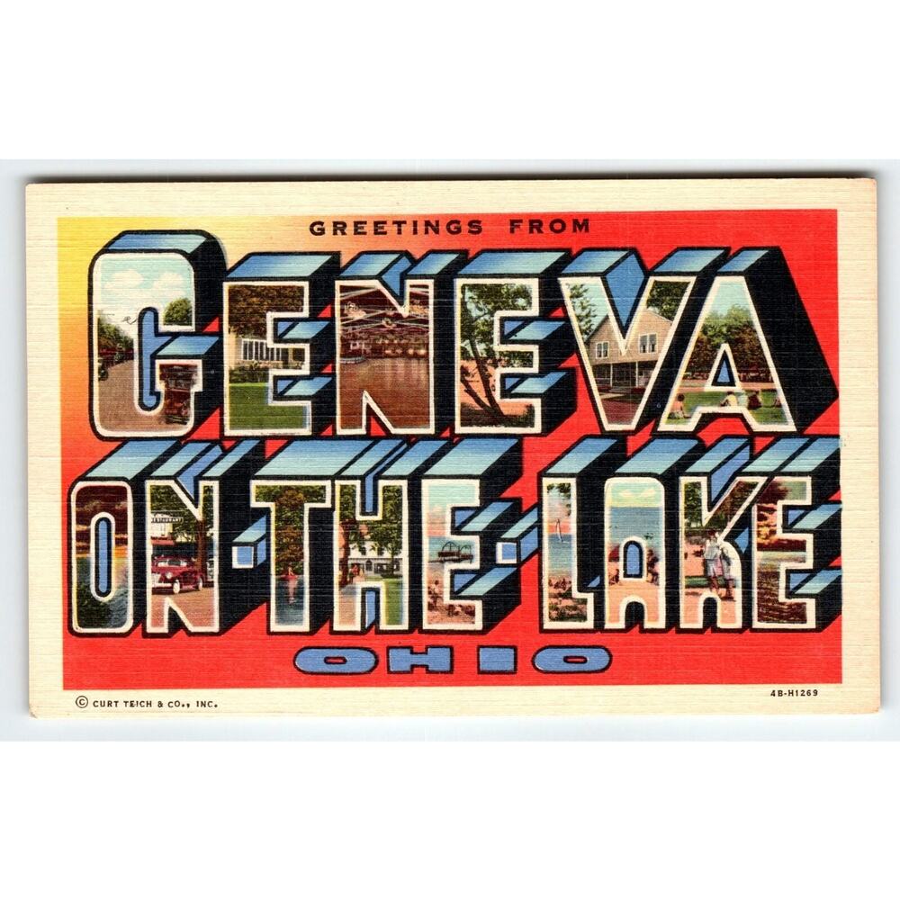 Greetings From Geneva On The Lake Ohio 1940s Large Letter Postcard Curt Teich